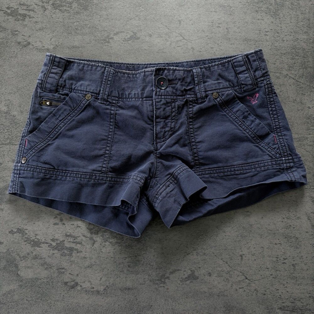 Vintage Y2K American Eagle Low Rise Blue Micro Shorts Size 2 Buckle Back Shortie